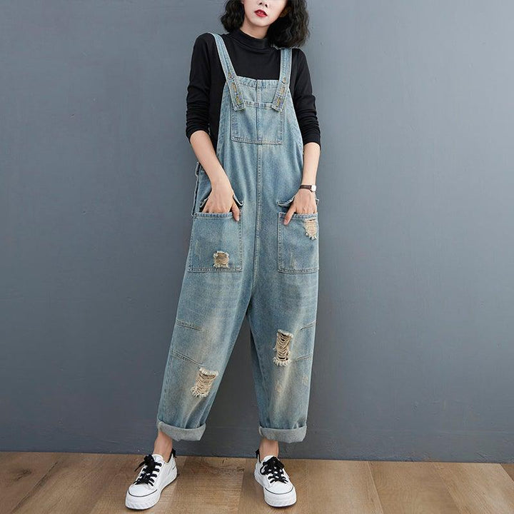 Spring Women Retro Loose Patchwork Ripped Denim Jumpsuit - ZYLIRA