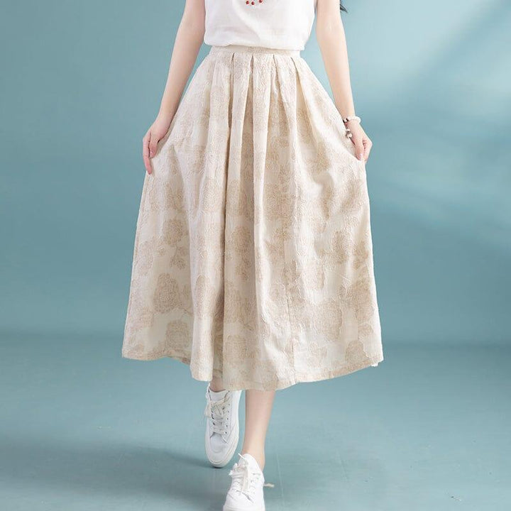 Summer A-Line Cotton Linen Figured Skirt - ZYLIRA