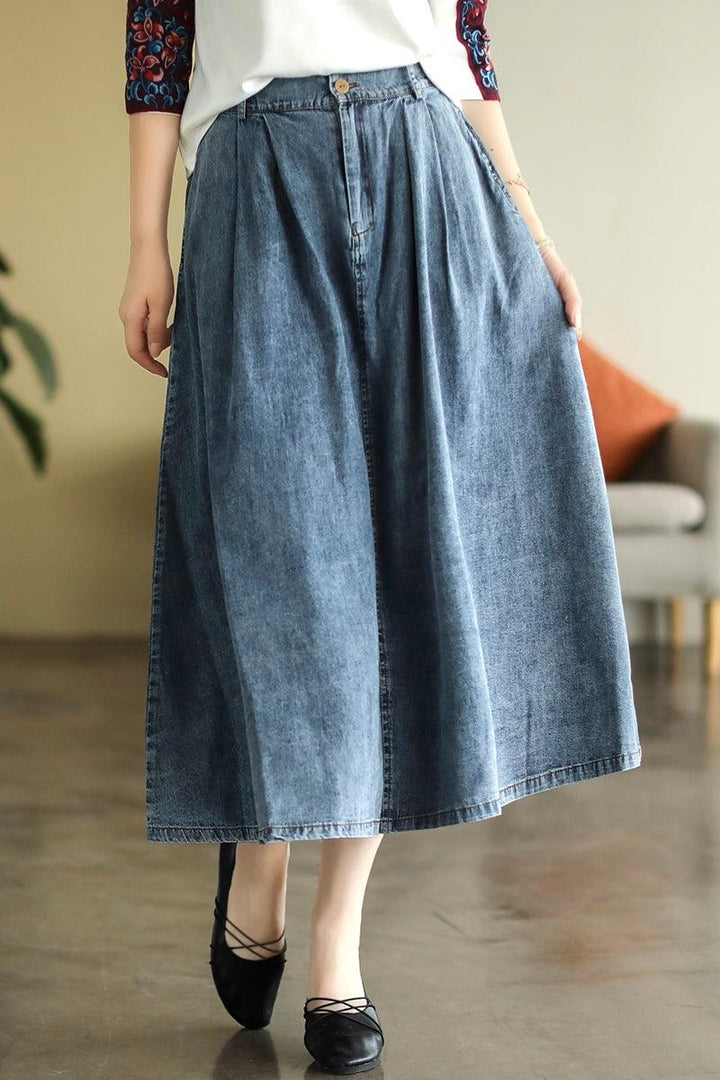 Summer Cotton Denim Retro A-Line High Waist Skirt - ZYLIRA