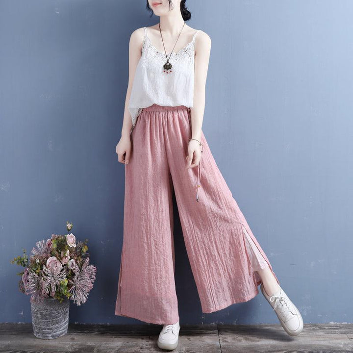 Summer Linen Loose Split Bottom Wide Leg Trousers - ZYLIRA