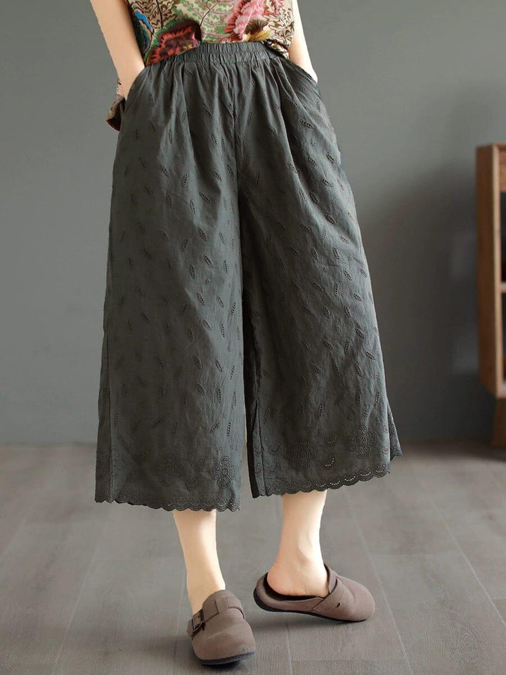 Summer Loose Retro Embroidery Trim Wide Leg Pants - ZYLIRA