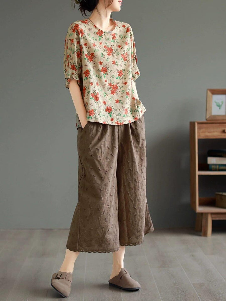 Summer Loose Retro Embroidery Trim Wide Leg Pants - ZYLIRA