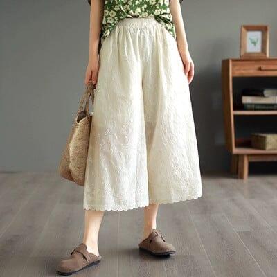 Summer Loose Retro Embroidery Trim Wide Leg Pants - ZYLIRA