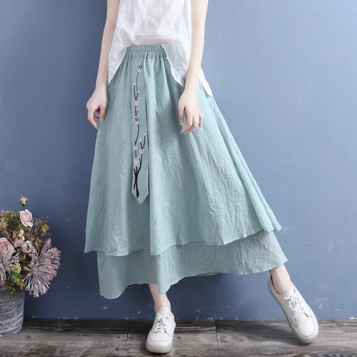 Summer Retro Cotton Linen Floral Embroidery Ribbon Skirt - ZYLIRA