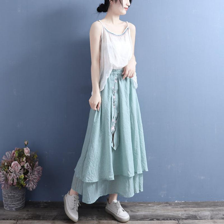 Summer Retro Cotton Linen Floral Embroidery Ribbon Skirt - ZYLIRA