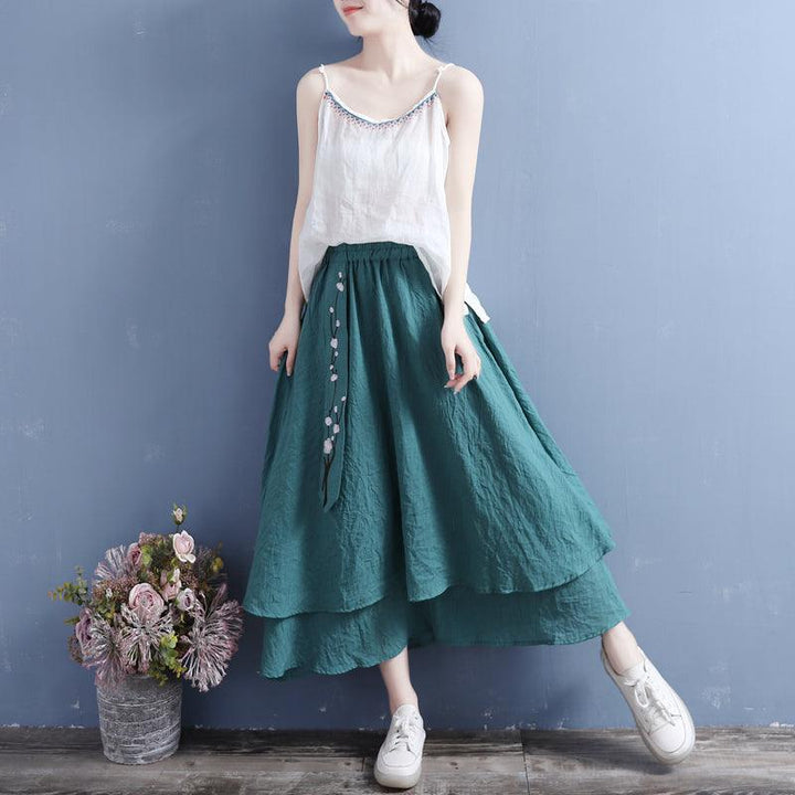 Summer Retro Cotton Linen Floral Embroidery Ribbon Skirt - ZYLIRA