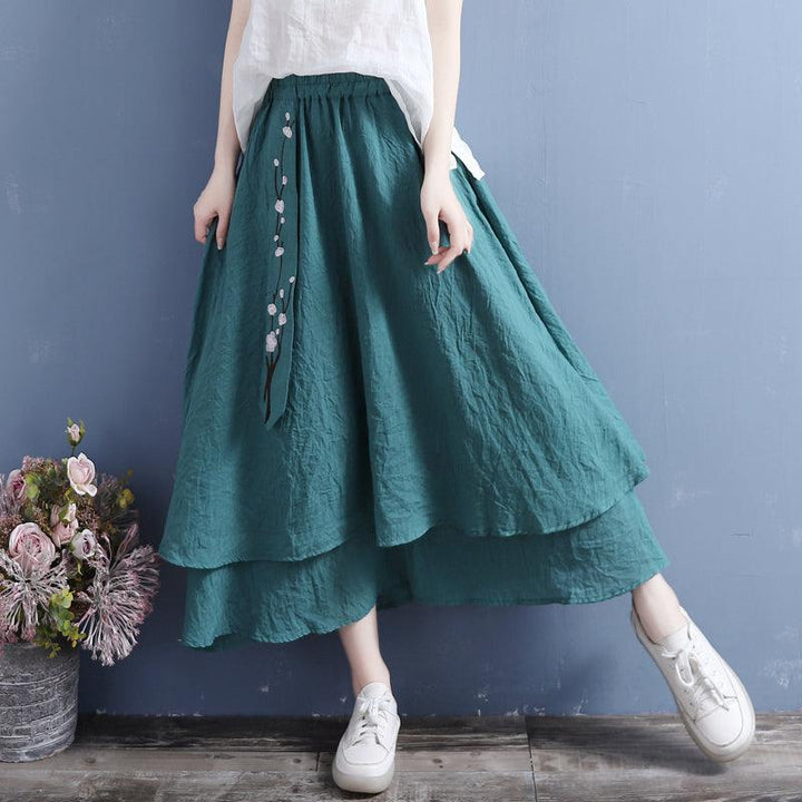 Summer Retro Cotton Linen Floral Embroidery Ribbon Skirt - ZYLIRA