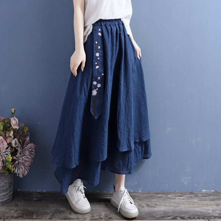 Summer Retro Cotton Linen Floral Embroidery Ribbon Skirt - ZYLIRA