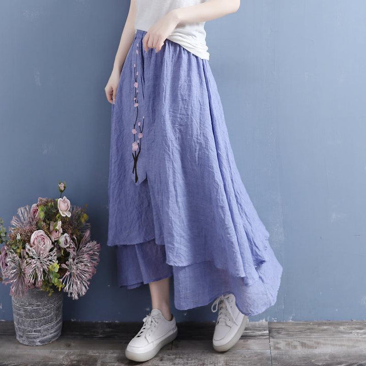 Summer Retro Cotton Linen Floral Embroidery Ribbon Skirt - ZYLIRA