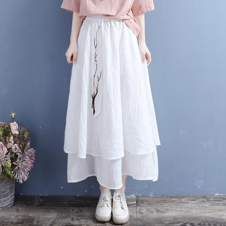 Summer Retro Cotton Linen Floral Embroidery Ribbon Skirt - ZYLIRA