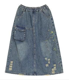 Summer Retro Embroidery Ripped Cotton Denim Skirt - ZYLIRA