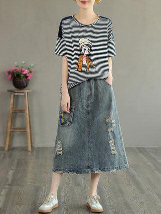 Summer Retro Embroidery Ripped Cotton Denim Skirt - ZYLIRA