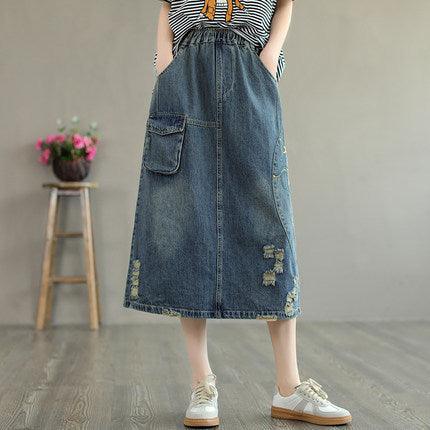 Summer Retro Embroidery Ripped Cotton Denim Skirt - ZYLIRA