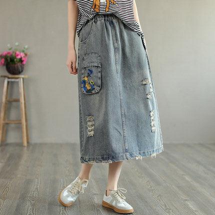 Summer Retro Embroidery Ripped Cotton Denim Skirt - ZYLIRA