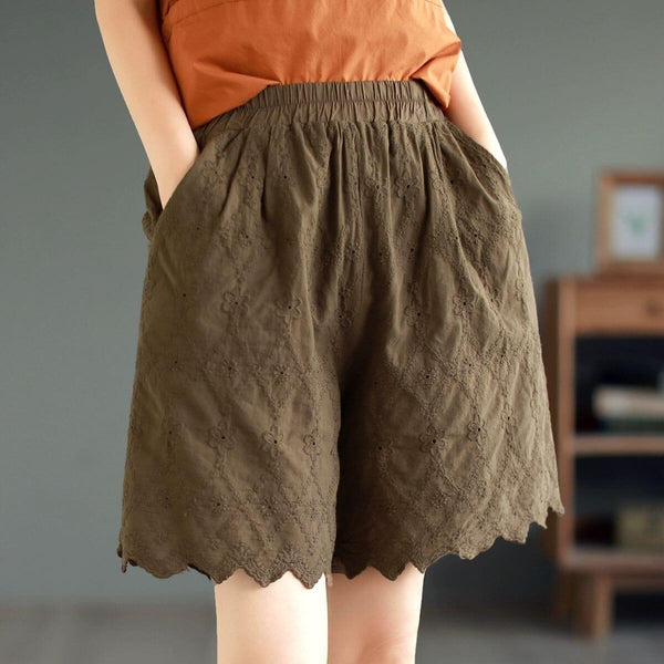 Summer Retro Embroidery Trim Solid Cotto Shorts - ZYLIRA