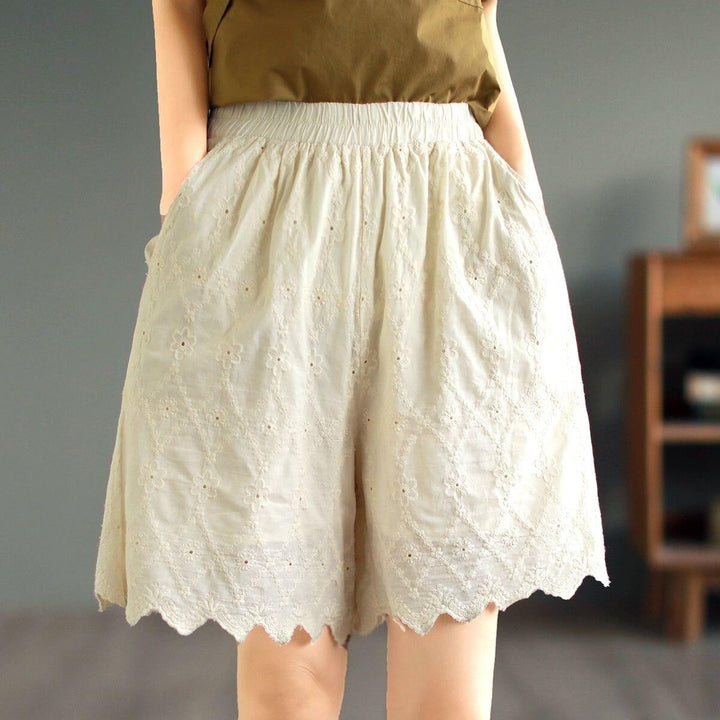 Summer Retro Embroidery Trim Solid Cotto Shorts - ZYLIRA