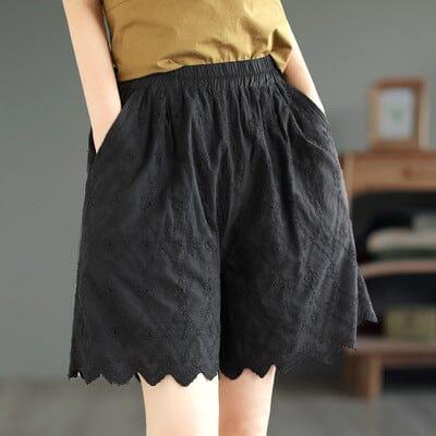 Summer Retro Embroidery Trim Solid Cotto Shorts - ZYLIRA