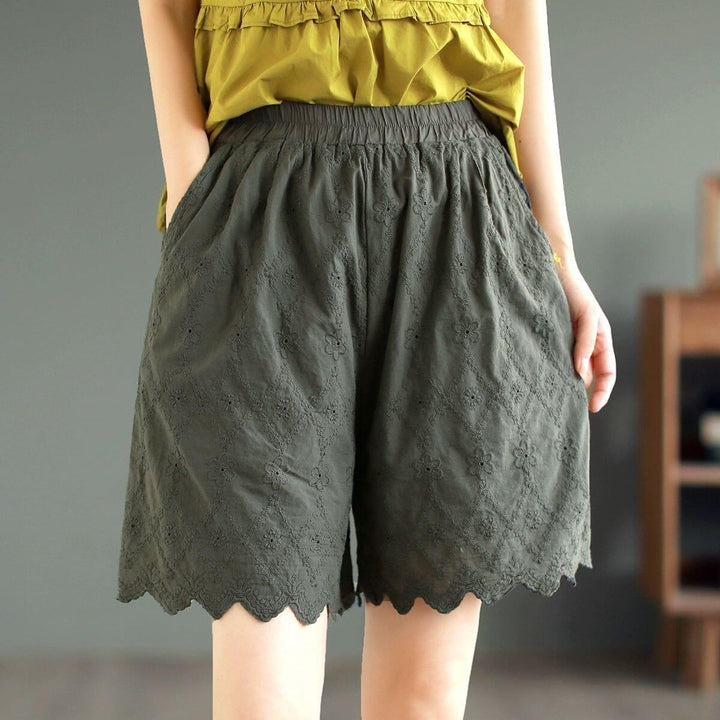 Summer Retro Embroidery Trim Solid Cotto Shorts - ZYLIRA