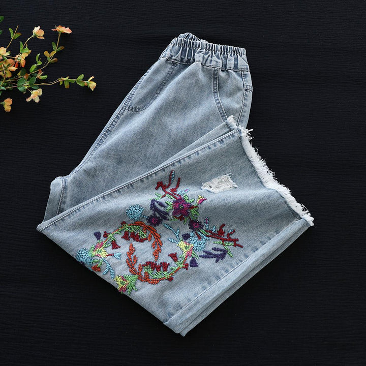 Summer Retro Floral Embroidery Cotton Wide-Leg Jeans - ZYLIRA