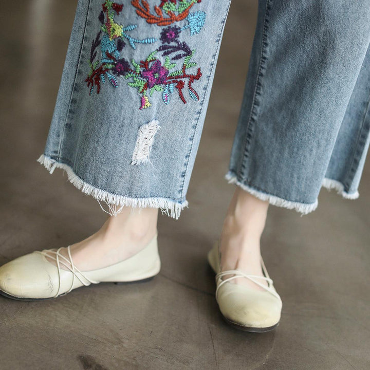 Summer Retro Floral Embroidery Cotton Wide-Leg Jeans - ZYLIRA