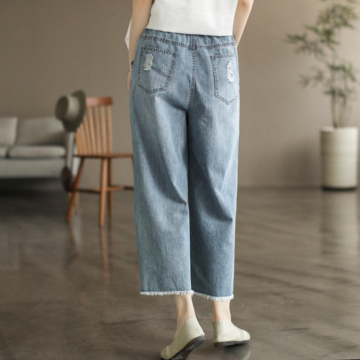 Summer Retro Floral Embroidery Cotton Wide-Leg Jeans - ZYLIRA