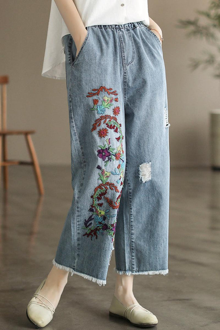 Summer Retro Floral Embroidery Cotton Wide-Leg Jeans - ZYLIRA