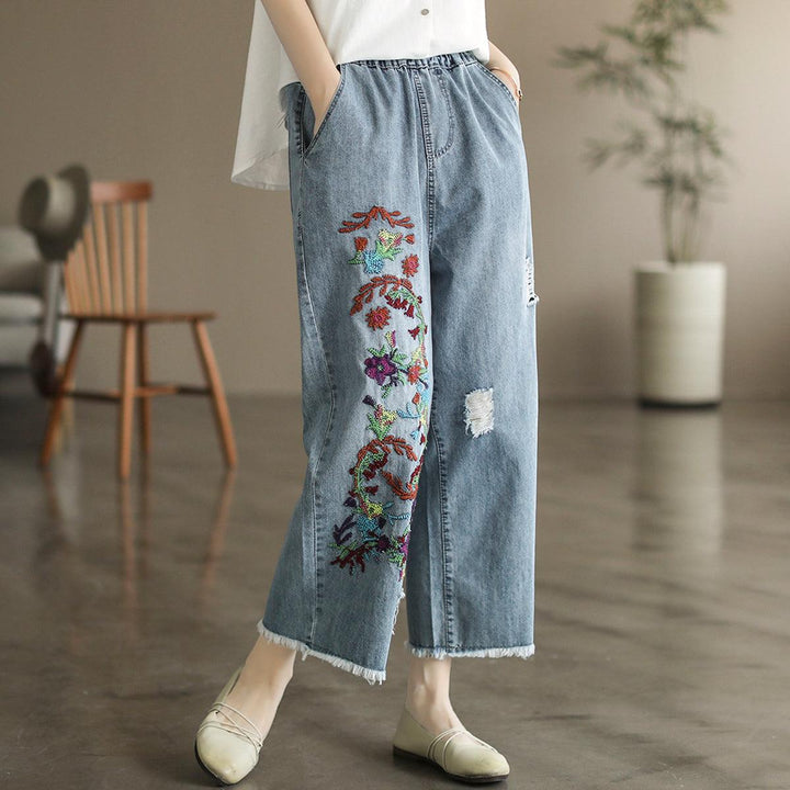 Summer Retro Floral Embroidery Cotton Wide-Leg Jeans - ZYLIRA