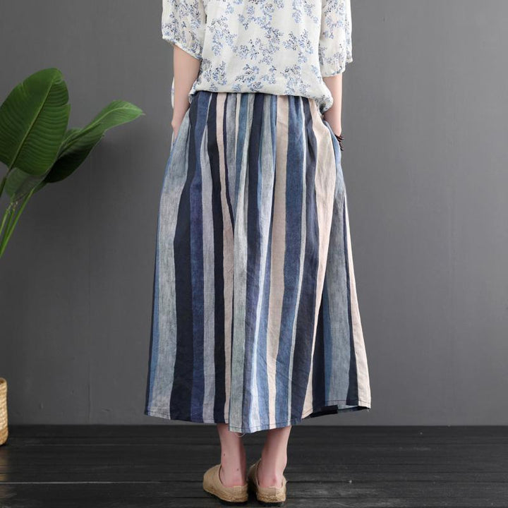 Summer Retro Linen Color Matching Stripes Skirt - ZYLIRA