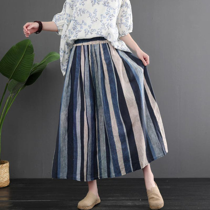 Summer Retro Linen Color Matching Stripes Skirt - ZYLIRA