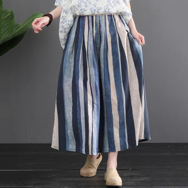 Summer Retro Linen Color Matching Stripes Skirt - ZYLIRA