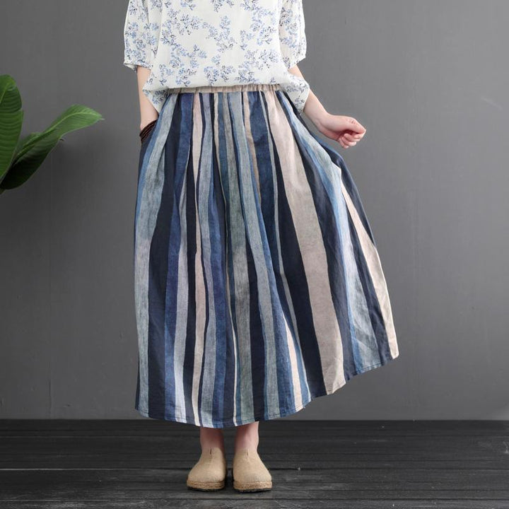 Summer Retro Linen Color Matching Stripes Skirt - ZYLIRA