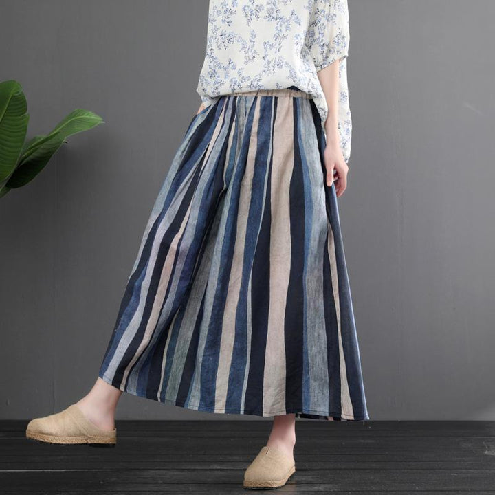 Summer Retro Linen Color Matching Stripes Skirt - ZYLIRA