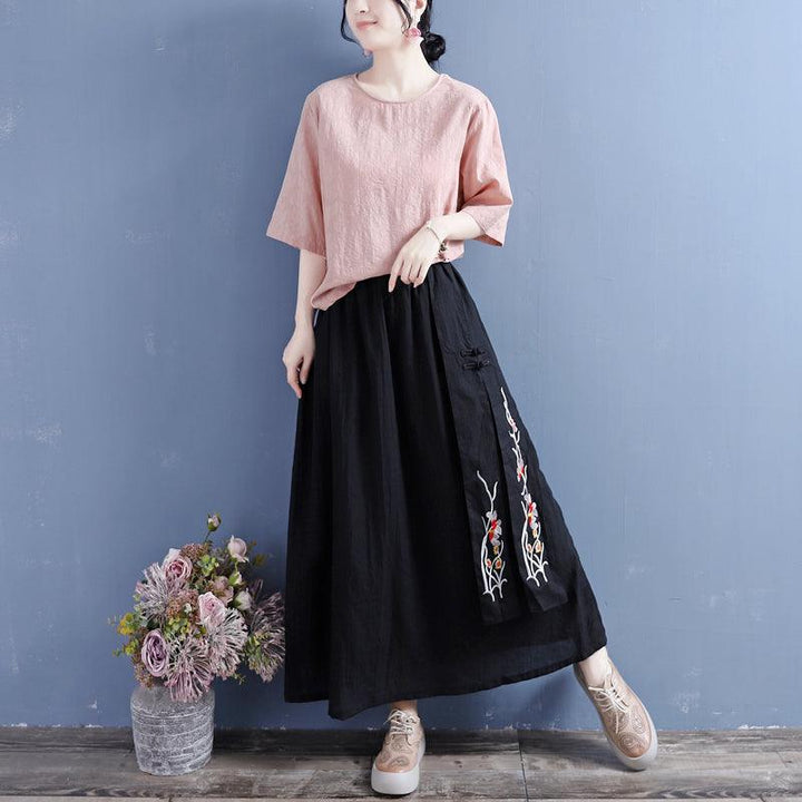 Summer Retro Loose Cotton Linen Embroidery Skirt - ZYLIRA