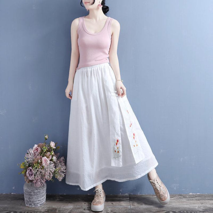 Summer Retro Loose Cotton Linen Embroidery Skirt - ZYLIRA