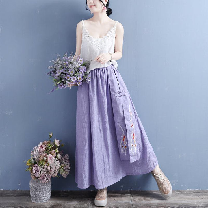 Summer Retro Loose Cotton Linen Embroidery Skirt - ZYLIRA