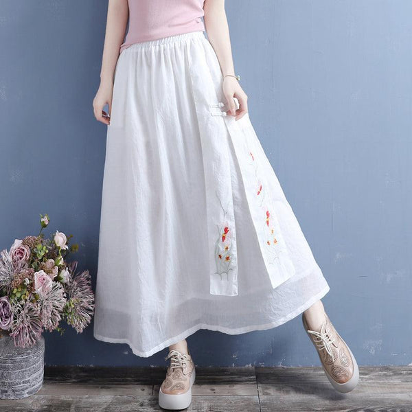 Summer Retro Loose Cotton Linen Embroidery Skirt - ZYLIRA