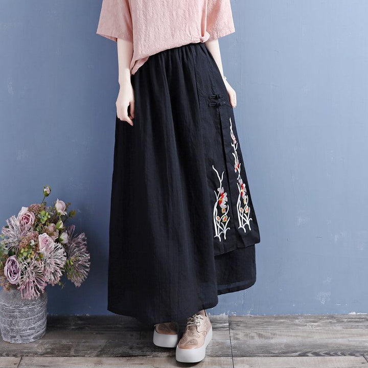 Summer Retro Loose Cotton Linen Embroidery Skirt - ZYLIRA