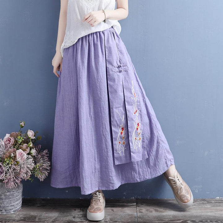 Summer Retro Loose Cotton Linen Embroidery Skirt - ZYLIRA