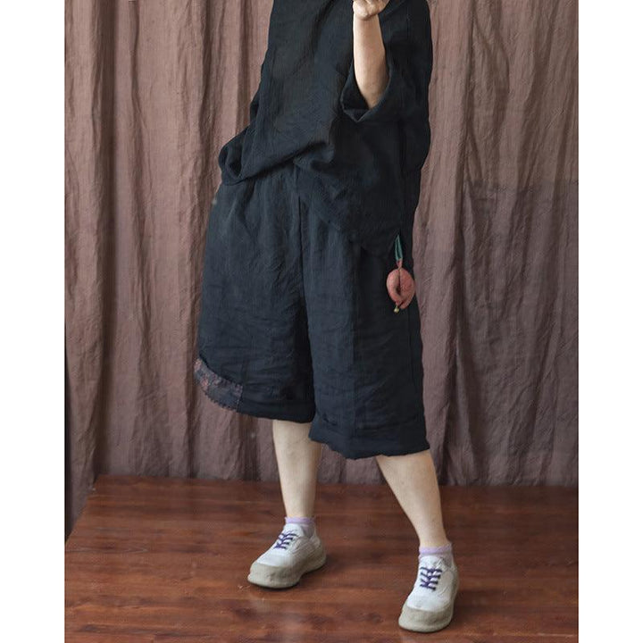 Summer Retro Patchwork Linen Loose Knee High Pants - ZYLIRA