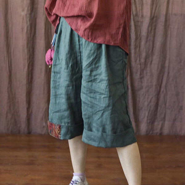 Summer Retro Patchwork Linen Loose Knee High Pants - ZYLIRA