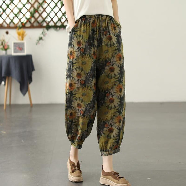 Summer Retro Print Loose Cotton Linen Pants - ZYLIRA