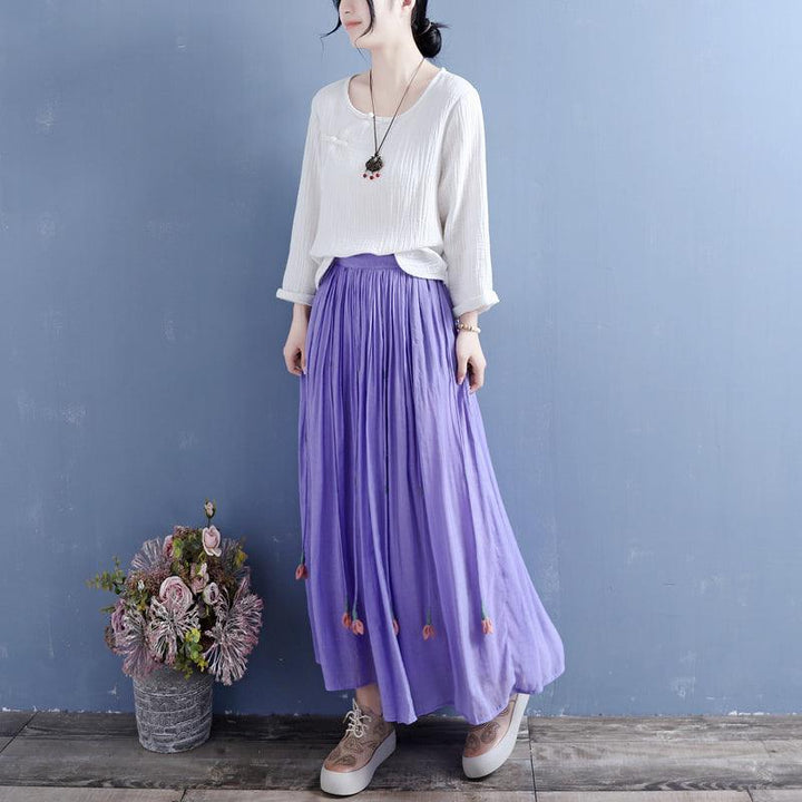 Summer Retro Tassels Solid Linen Silk Pleated Skirt - ZYLIRA