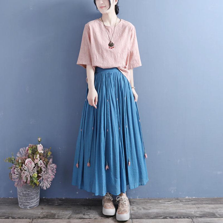 Summer Retro Tassels Solid Linen Silk Pleated Skirt - ZYLIRA