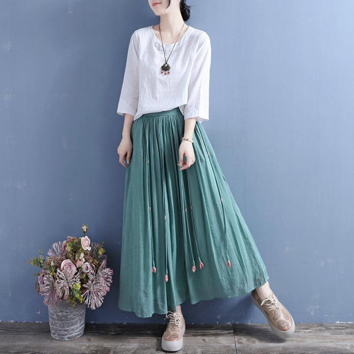 Summer Retro Tassels Solid Linen Silk Pleated Skirt - ZYLIRA