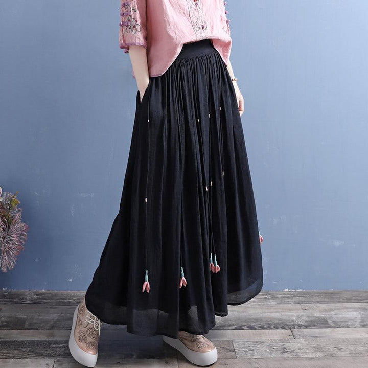 Summer Retro Tassels Solid Linen Silk Pleated Skirt - ZYLIRA