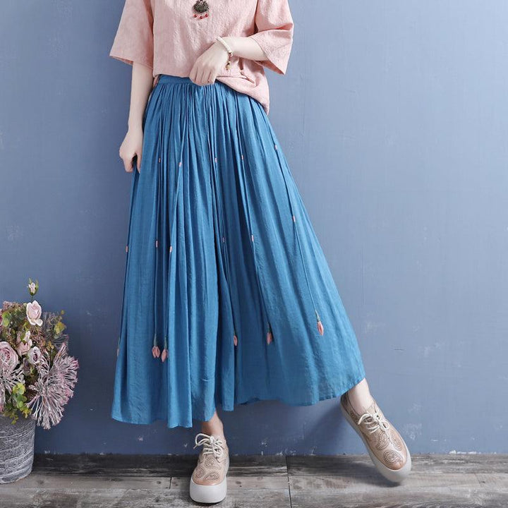 Summer Retro Tassels Solid Linen Silk Pleated Skirt - ZYLIRA