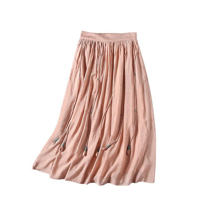 Summer Retro Tassels Solid Linen Silk Pleated Skirt - ZYLIRA