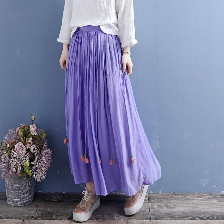 Summer Retro Tassels Solid Linen Silk Pleated Skirt - ZYLIRA