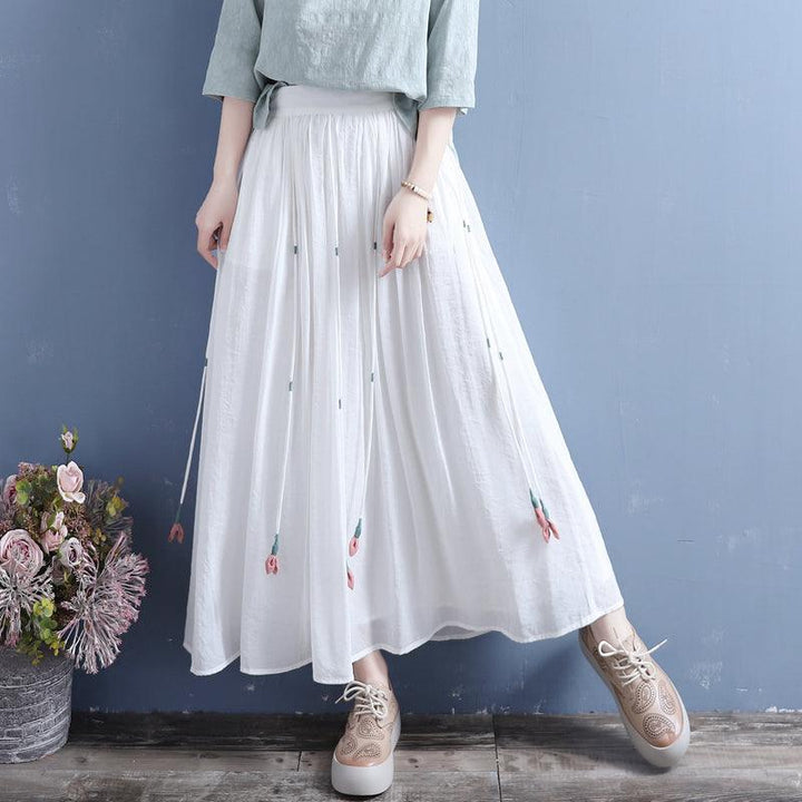 Summer Retro Tassels Solid Linen Silk Pleated Skirt - ZYLIRA