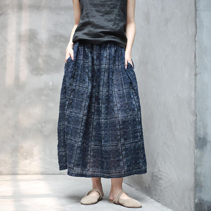 ZYLIRA Thin Cotton Retro Plaid Linen Skirt - ZYLIRA